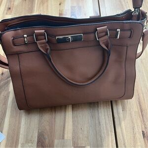 JustFab Brown Structured Satchel Tote Bag Top Handle Crossbody Work Bag
